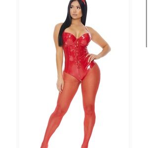 Forplay Red Lace-Up Devil Costume Bodysuit